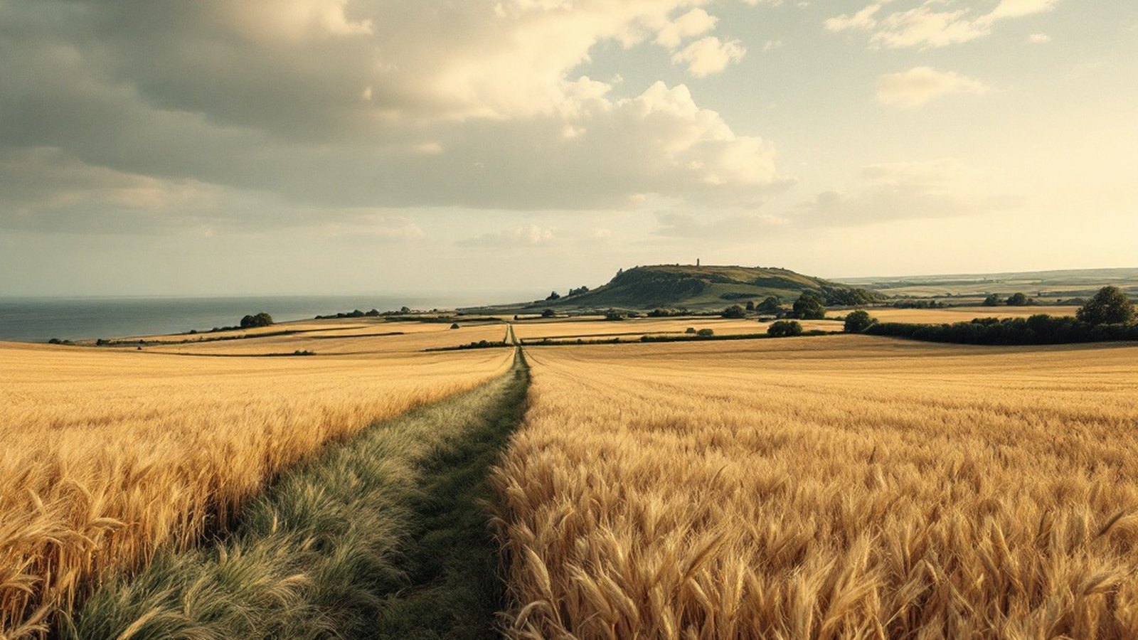Wide-angle view of ripe barley or wheat fields near East Linton in late July