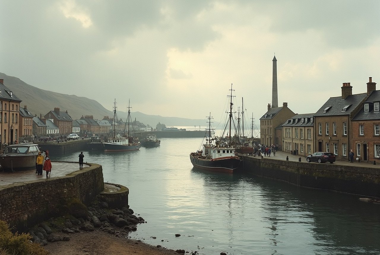 Dunbar harbour with working fishing boats