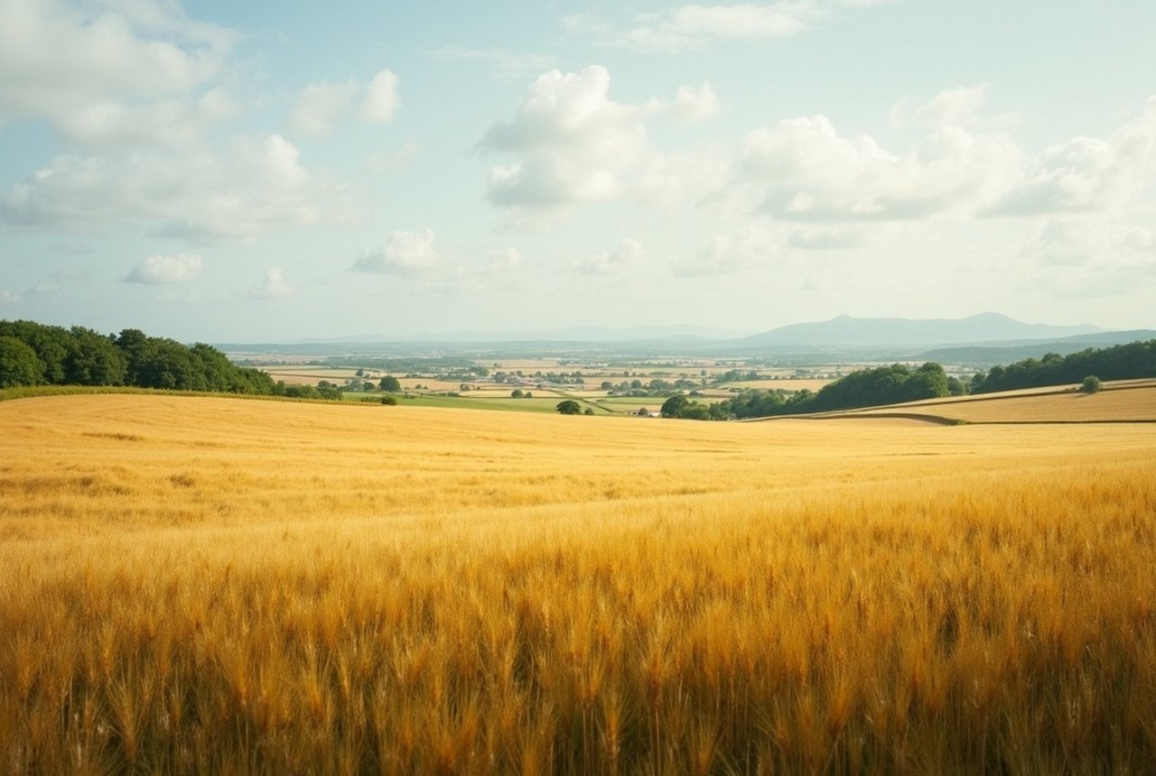 Wide view of East Lothian barley fields in summer