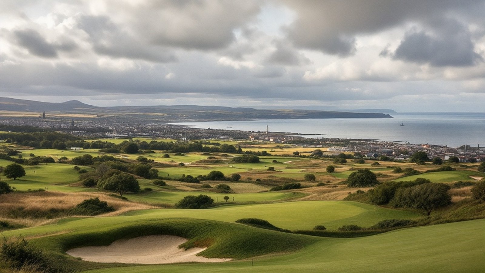 Wide view of Muirfield fairways with Forth estuary behind