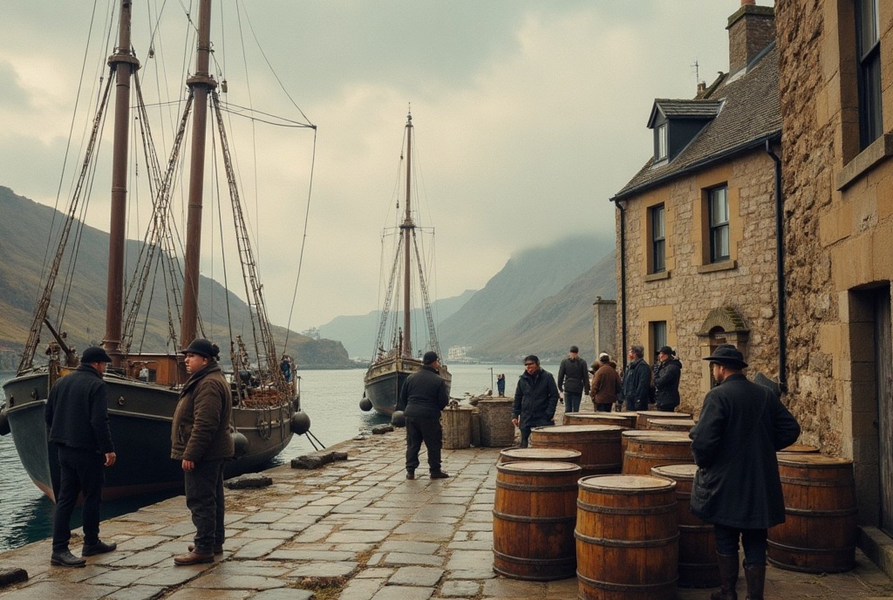 Historic photograph of herring barrels or gutting crews on an East Lothian quayside