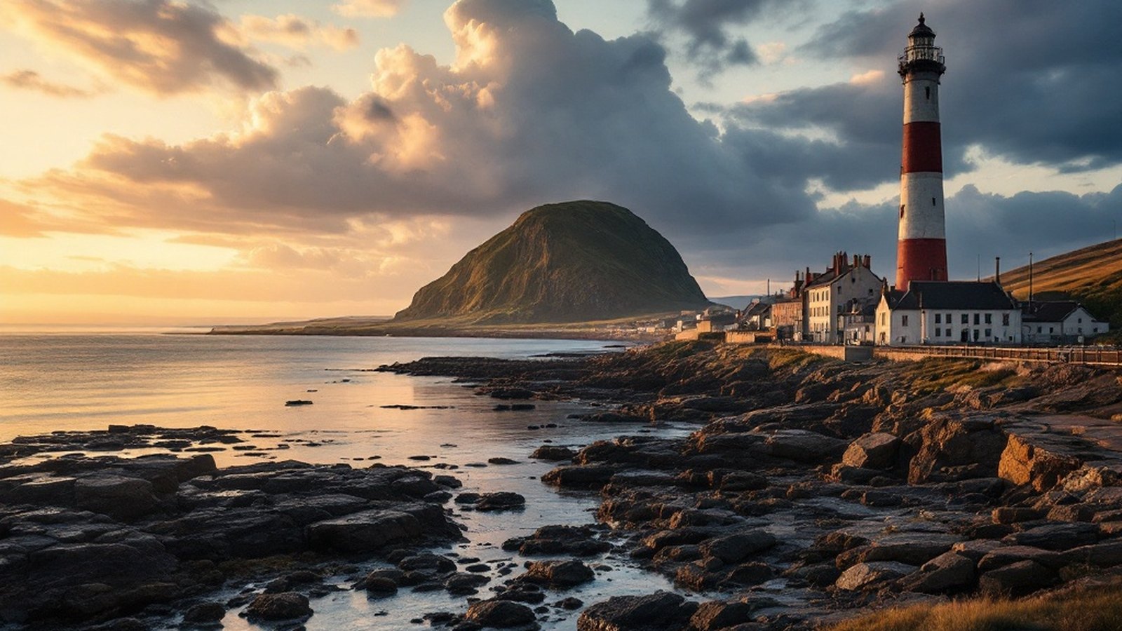 The Bass Rock and the mouth of the Firth of Forth under a great evening sky, seen from the East Lothian shore