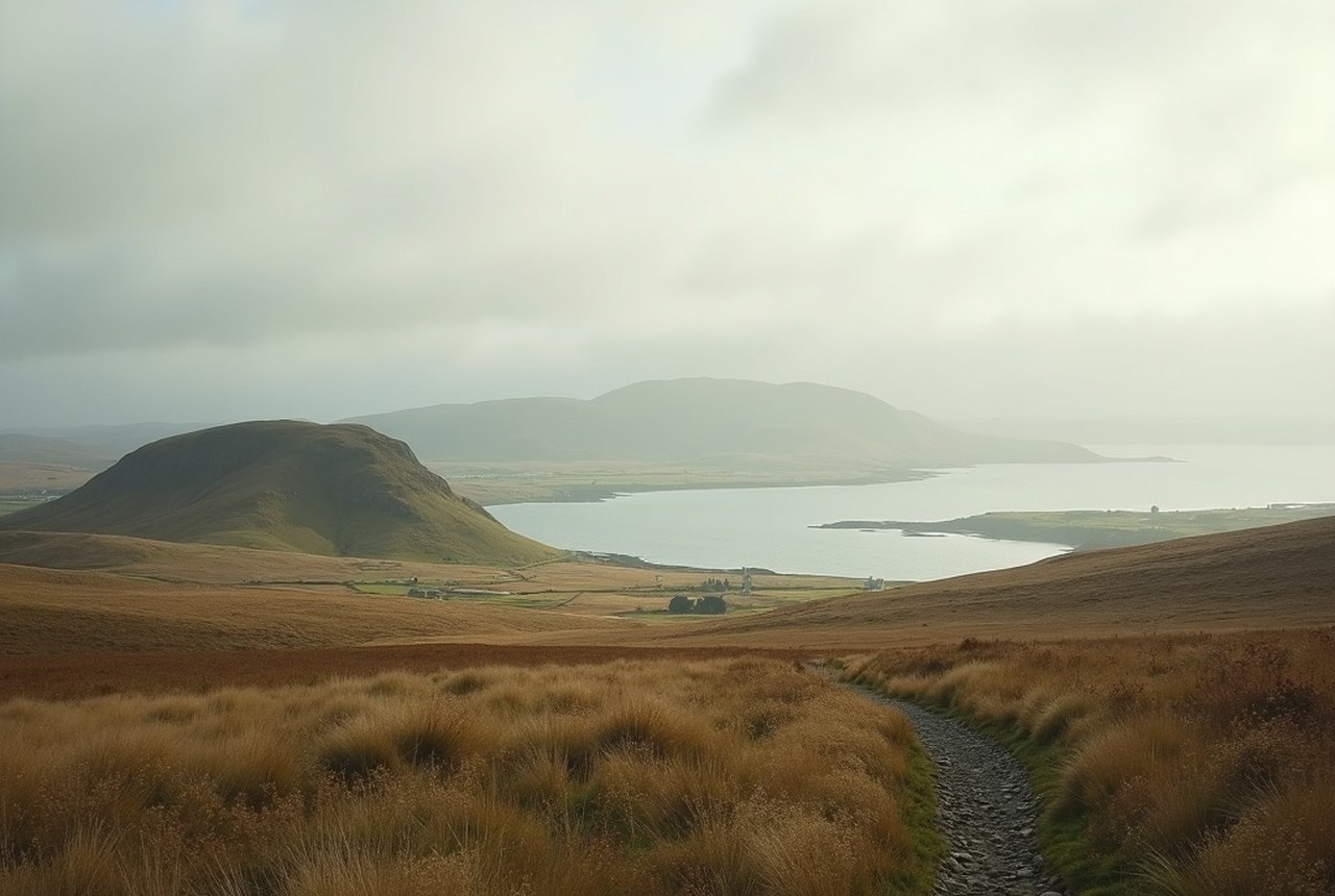 Wide landscape shot of Traprain Law from the plain to the north or west