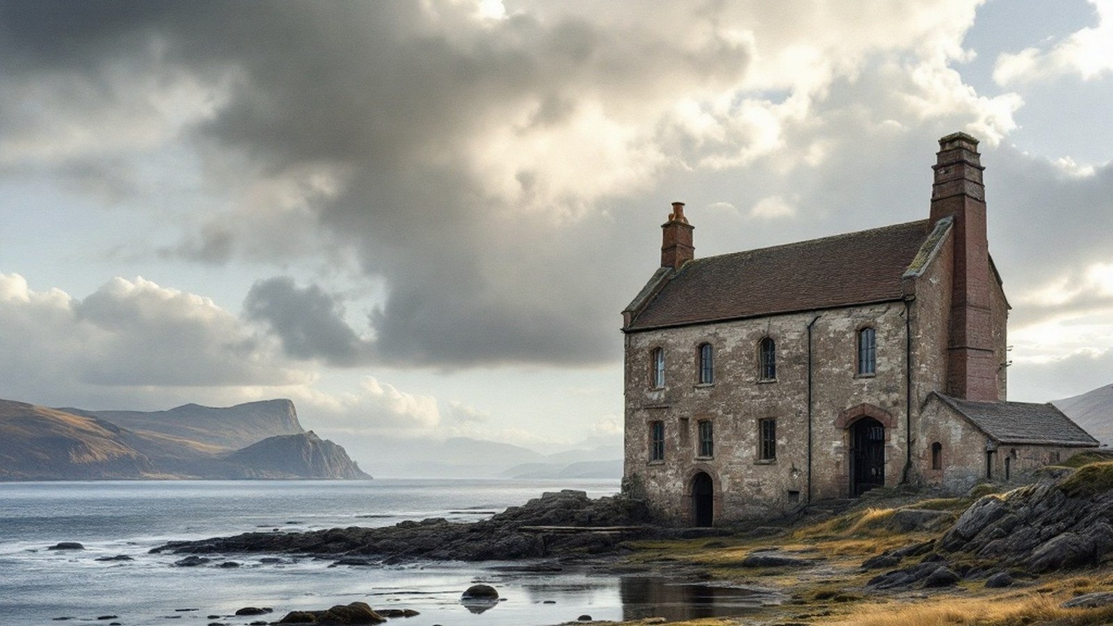 Wide shot of Cornish engine house from shoreside, Forth visible behind