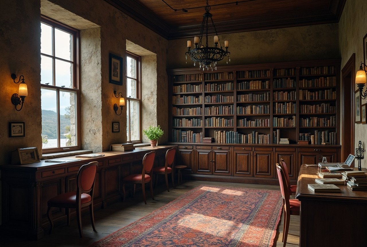 Interior of an archive reading room lined with shelves and tables