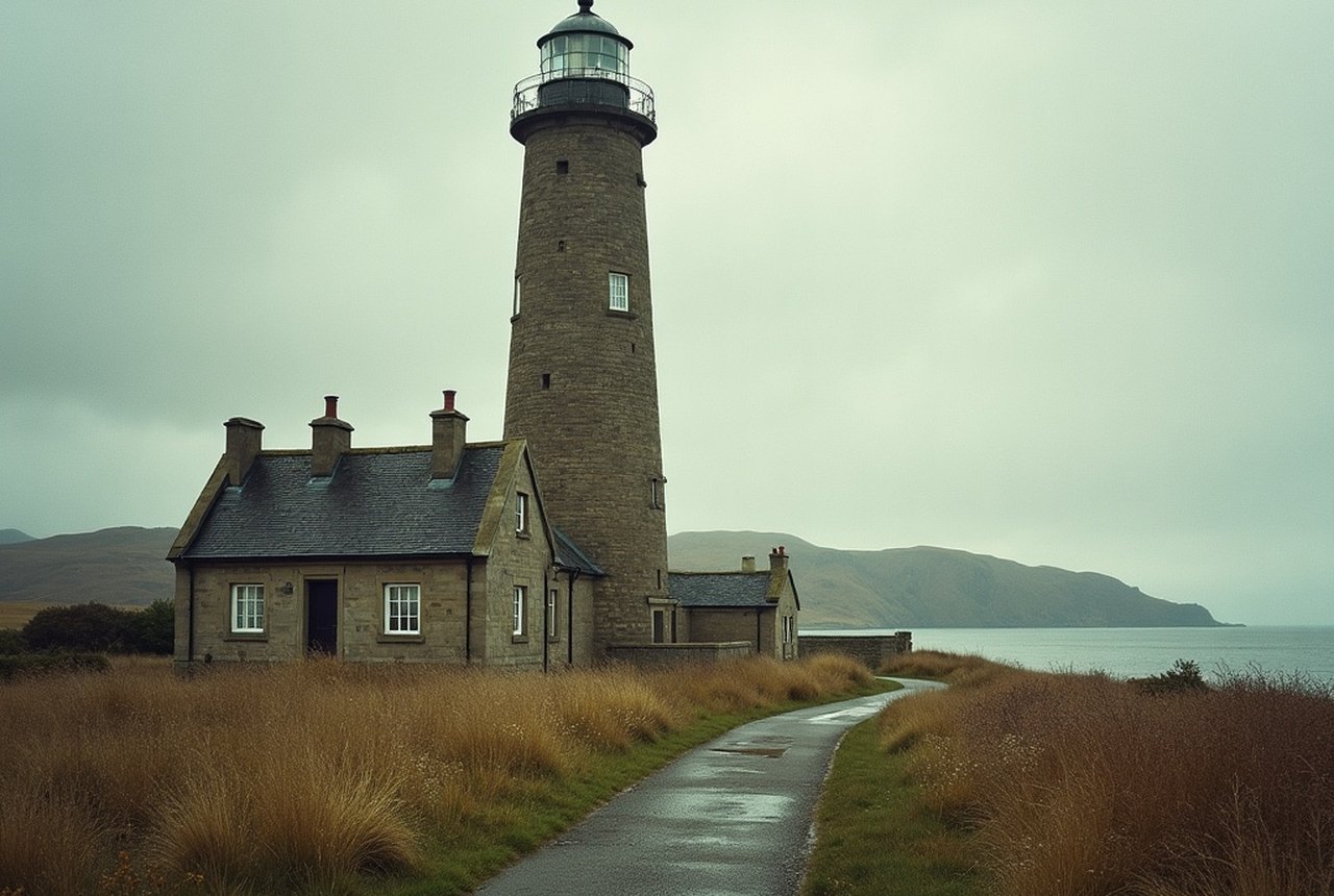 Barns Ness lighthouse tower and cottages from landward side