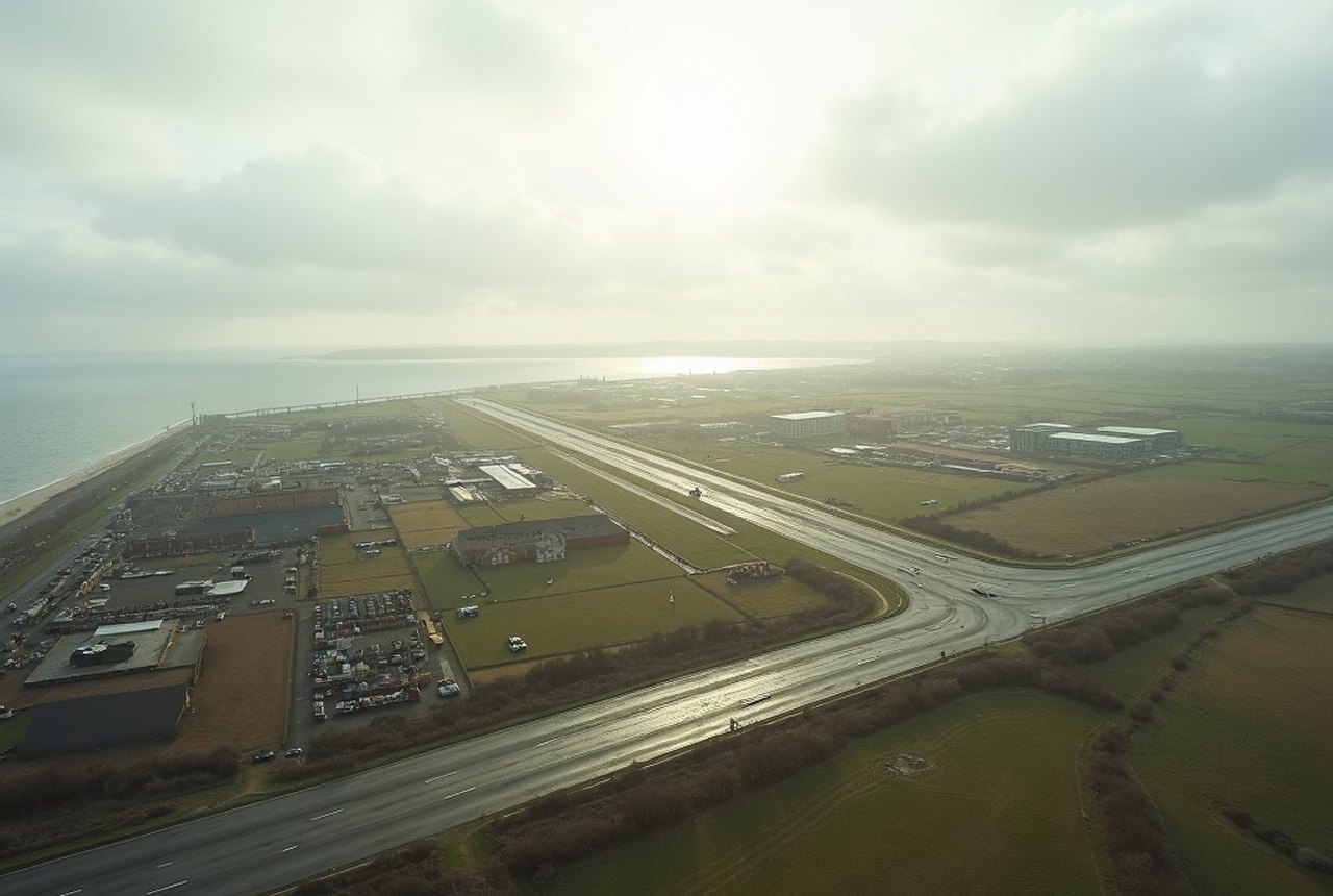 Aerial or wide-angle view of the airfield showing runways and hangar layout