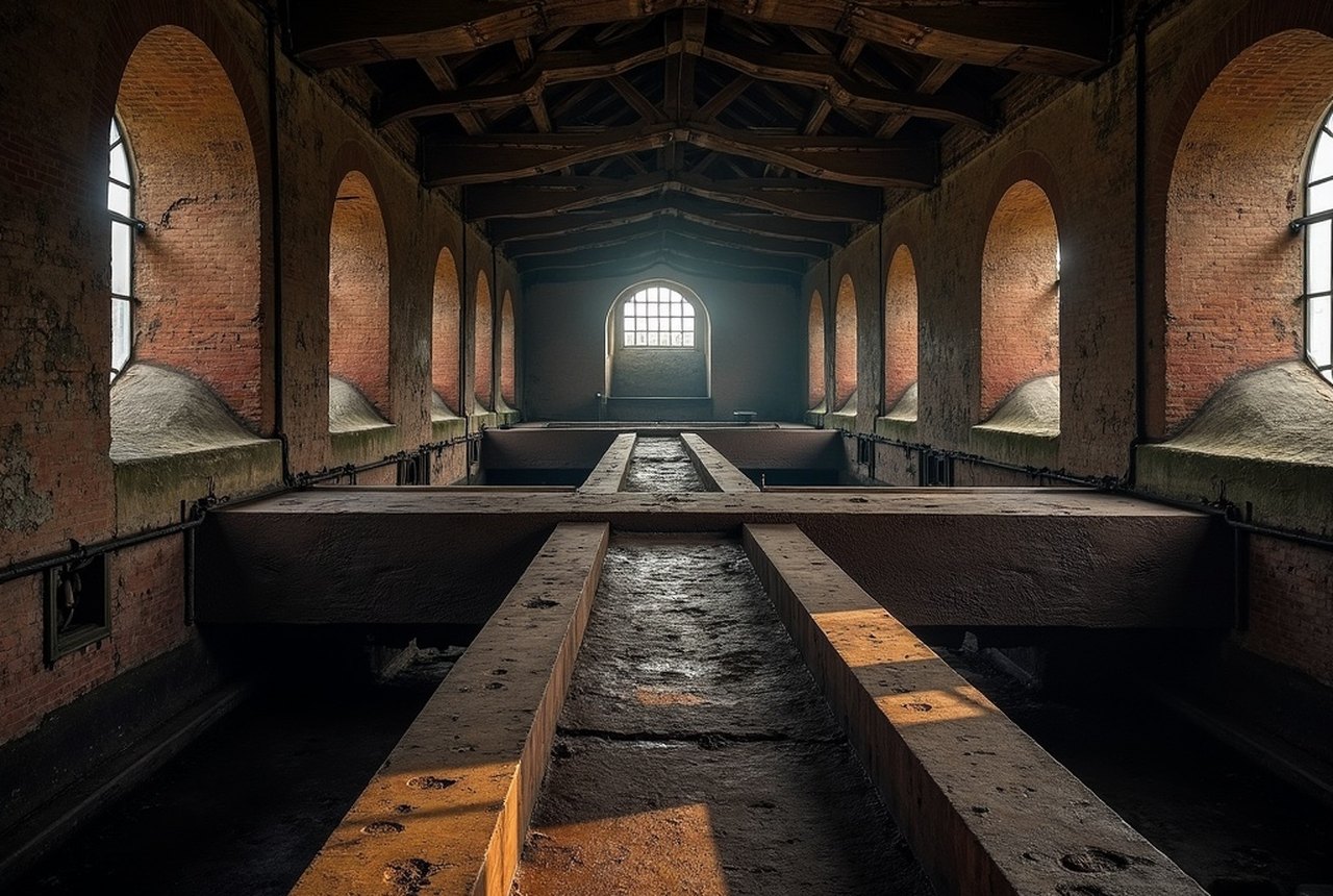 Interior beam-level view showing the great iron beam spanning the engine house