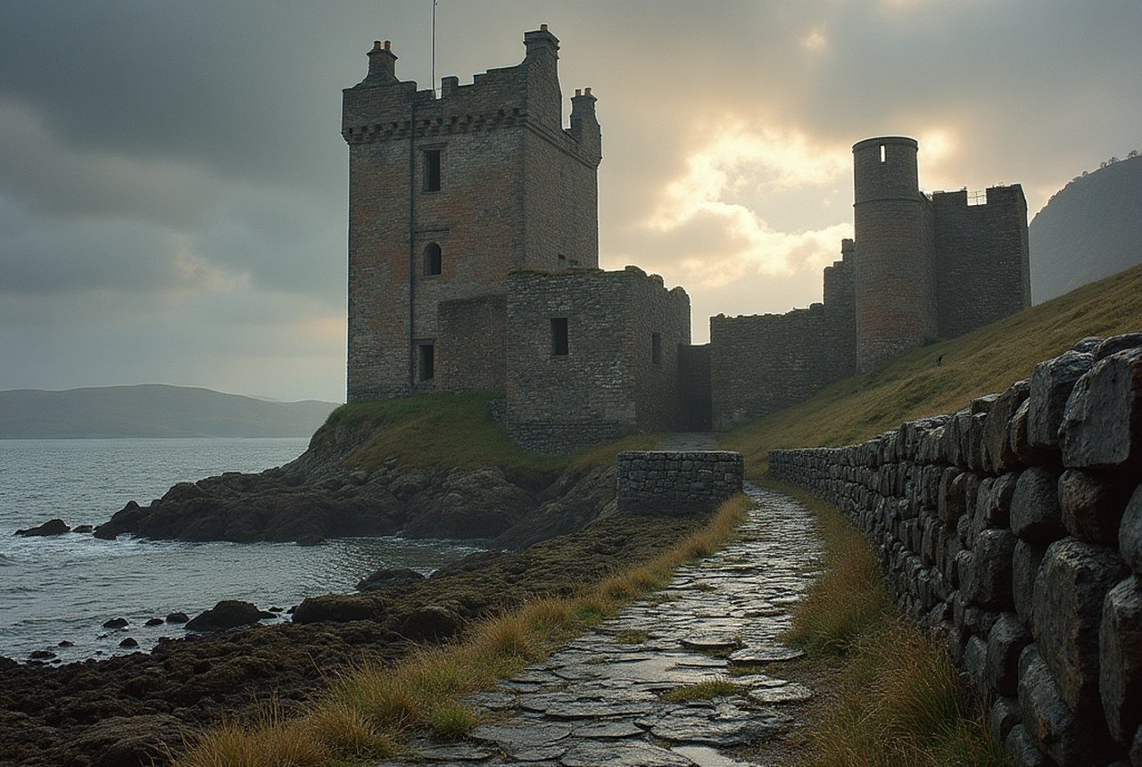 Ruined castle walls and vaulted chambers at the landing jetty