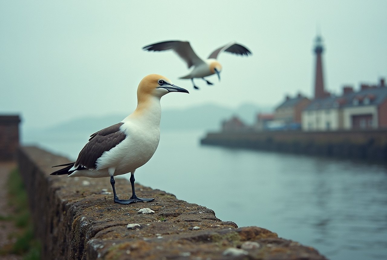 Gannet in plunge-dive or close colony shot on ledges